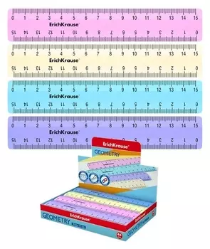 Линейка 15 см Erichkrause Pastel, пластик, из 4 цветов, в коробке-дисплее