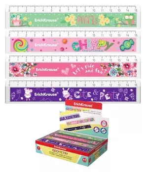 Линейка 15 см с выемкой Erichkrause, пластик, из 4 дизайнов, в коробке-дисплее (Girl)