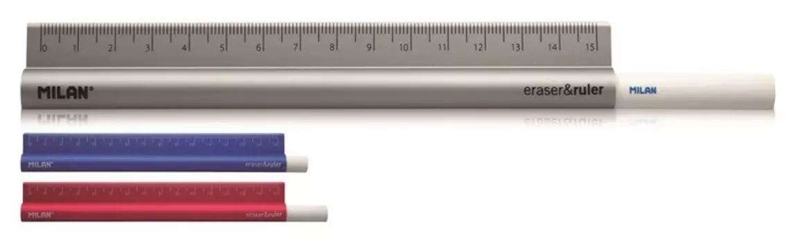 Линейка 15см Milan в комплекте с ластиком, металл,:син,сер,красн