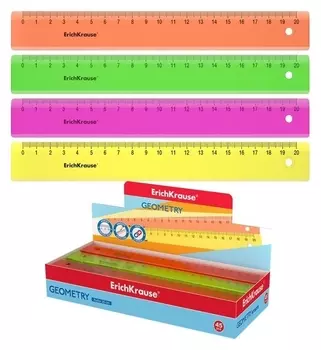 Линейка 20 см Erichkrause Neon, пластик, из 4 цветов, в коробке-дисплее