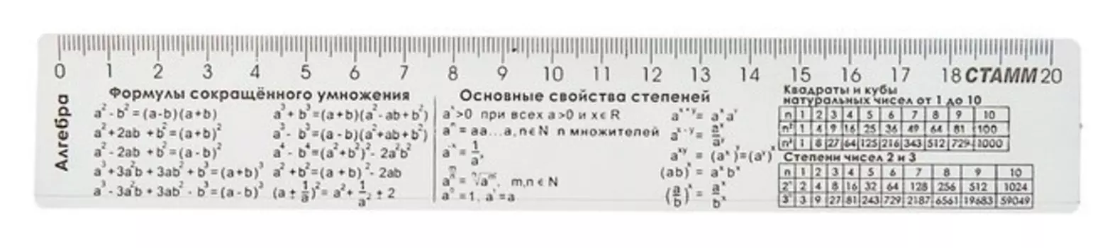 Линейка справочная 20 см Алгебра, бесцветная
