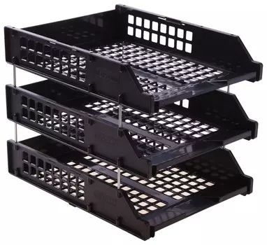 Лотки горизонтальные для бумаг, набор 3 шт. (340х260х240 мм), на металлических стержнях, черные, стамм "Strong"