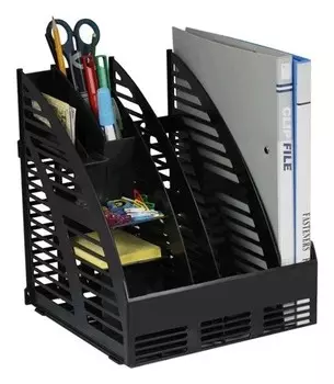 Лоток вертикальный для бумаг (240х240х300 мм), 3 отделения, сборный, с органайзером, черный