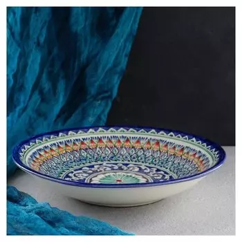 Ляган круглый, 33 см, глубокий, желто-синий орнамент