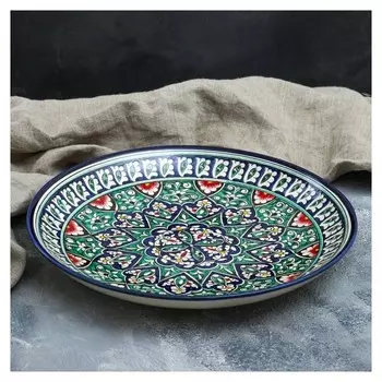Ляган круглый «Риштан», 31 см, зелёный, орнамент синий, красный, белый