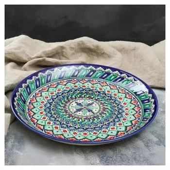 Ляган круглый «Риштан», 36 см, синий, зелёный орнамент