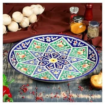 Ляган круглый «Риштан», 36 см, зелёный, орнамент бело-синий