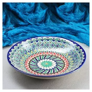 Ляган круглый риштанская керамика, 33см, красно-зелёный орнамент