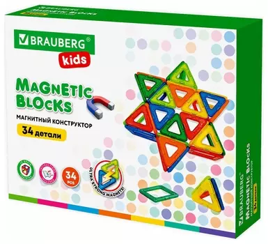 Магнитный конструктор BIG Magnetic Blocks-34, 34 детали, с колесной базой, Brauberg Kids, 663845