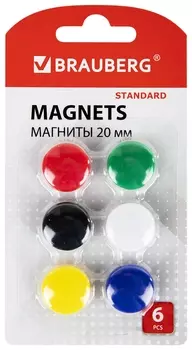 Магниты малого диаметра 20 мм, набор 6 шт., Brauberg "Standard", 237469
