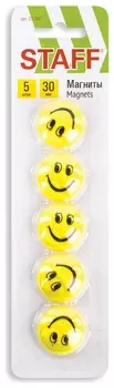 Магниты среднего диаметра, 30 мм, набор 5 штук, с рисунком смайлик, жёлтые, в блистере, Staff "Basic", 237483