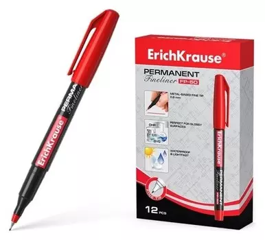 Маркер - лайнер перманентный 0.6 мм Erich Krause FP-50 красный, чернила светостойкие, водостойкие
