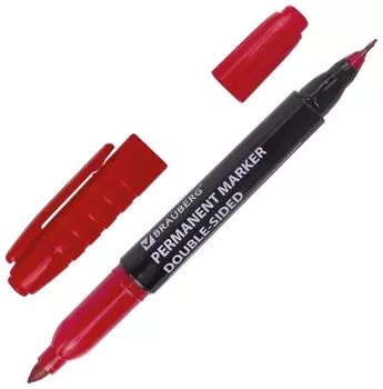 Маркер перманентный (Нестираемый) двусторонний Brauberg "Double", красный, наконечники 0,8/3 мм, 151637