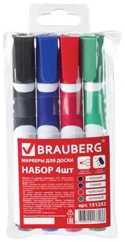 Маркеры для доски Brauberg Soft, набор 4 шт., ассорти, резиновая вставка, круглый наконечник, 5 мм