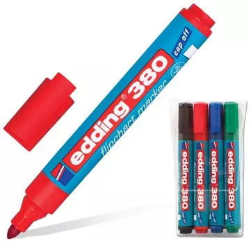 Маркеры для флипчарта Edding 380 набор 4 шт., непропитывающие, ассорти, круглый наконечник, 1,5-3 мм