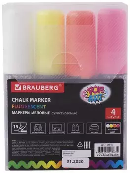Маркеры меловые Brauberg "Pop-art", набор 4 шт., сухостираемые, для гладких поверхностей, 15 мм, ассорти