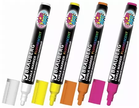 Маркеры меловые Brauberg "Pop-art", набор 4 шт., сухостираемые, для гладких поверхностей, 5 мм, ассорти