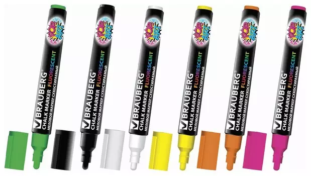 Маркеры меловые Brauberg "Pop-art", набор 6 шт., сухостираемые, для гладких поверхностей, 5 мм, ассорти