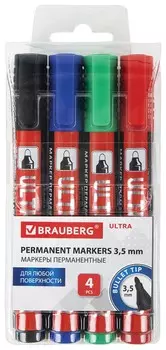 Маркеры перманентные Brauberg Ultra Marker, набор 4 цвета, круглый наконечник 3,5 мм, 152208