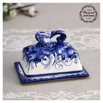 Маслёнка "Малоежка", гжель, фарфор, 13х10 см