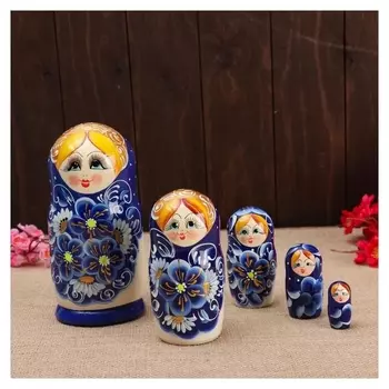 Матрёшка 5-ти кукольная "Сима" синяя, 17-18см, ручная роспись.