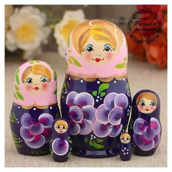 Матрёшка «Фиалки», розовый платок, 5 кукольная, 10 см