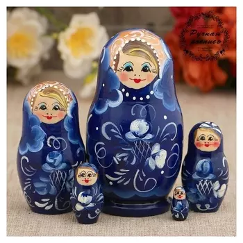 Матрёшка «Гжель», тёмно-синее платье, 5 кукольная, 10 см
