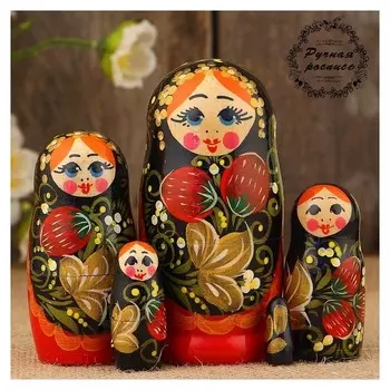 Матрёшка «Хохлома», чёрно-золотой платок, 5 кукольная, 10 см