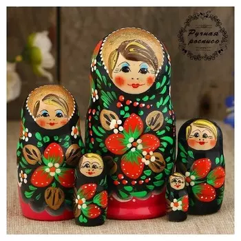 Матрёшка «Хохлома», чёрный платок, красное платье, 5 кукольная, 10 см