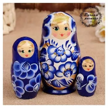 Матрёшка «Марина», сине-белое платье, 3 кукольная. 10 см