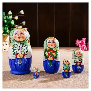 Матрёшка «Мордашка», зелёный платок, 5 кукольная, 17 см, люкс
