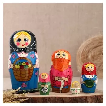 Матрёшка «Семейка», черный платок, 5 кукольная