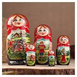 Матрёшка «Тройка», красный платок, 5 кукольная, люкс