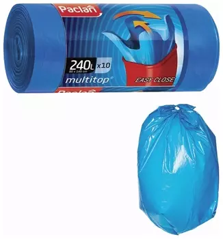 Мешки для мусора 240 л, с ушками, синие, рулон 10 шт., пвд, 40 мкм, 90х145 см, Paclan "Multitop", 134451