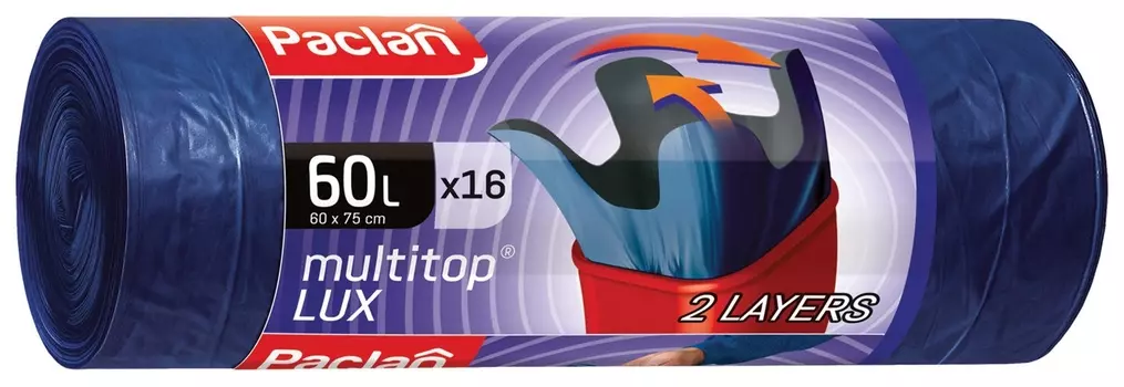 Мешки для мусора 60 л, с ушками, синие, рулон 16 шт., пвд, 30 мкм, 60х75 см, Paclan "Multitop Lux", 134474