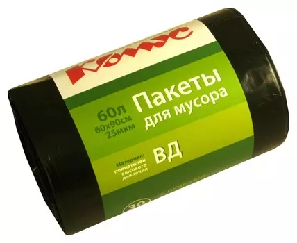 Мешки для мусора ПВД 60л 25мкм 30шт/рул черные 60x90см комус с ручками