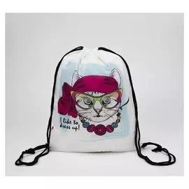 Мешок для обуви, отдел на шнурке, цвет белый/розовый, «Кошка»