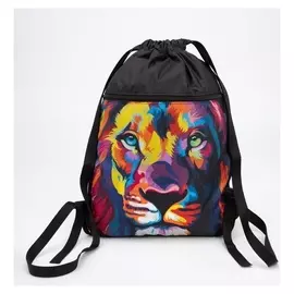 Мешок для обуви, отдел на шнурке, наружный карман, цвет чёрный/разноцветный, «Лев»
