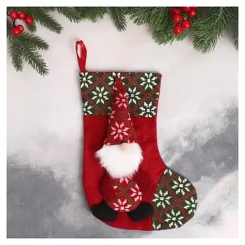 Мягкая подвеска "Носок - Дед мороз в длинном колпаке" 18х27 см, зелёно-красный