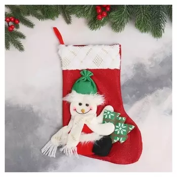 Мягкая подвеска "Носок - снеговик с ёлочкой" 20х33 см, бело-красный