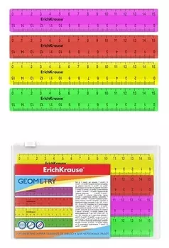 Набор 4 линейки 15 см Erichkrause "Neon Solid" розов, оранж, желт, зелен, в Zip пакете 50573
