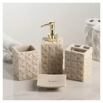 Набор аксессуаров для ванной комнаты «Букет», 4 предмета (Дозатор 100 мл, мыльница, 2 стакана), цвет бежевый