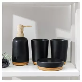 Набор аксессуаров для ванной комнаты «Эко», 4 предмета (Мыльница, дозатор для мыла, 2 стакана), цвет чёрный
