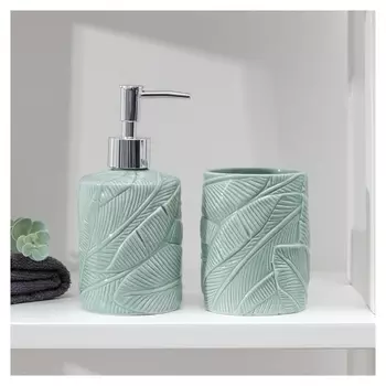 Набор аксессуаров для ванной комнаты «Листва», 2 предмета (Дозатор для мыла, стакан), цвет зелёный