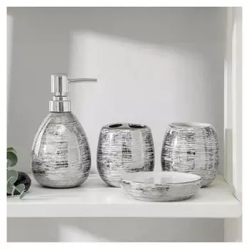 Набор аксессуаров для ванной комнаты «Нити», 4 предмета (Мыльница, дозатор 400мл, два стакана), цвет серебро