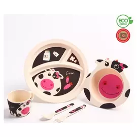 Набор бамбуковой посуды "Коровка",тарелка, миска, кружка, приборы, 5 предметов