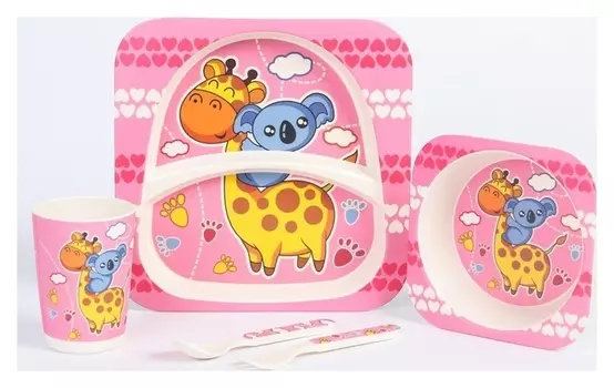 Набор бамбуковой посуды "Жираф и коала", тарелка, миска, стакан, приборы, 5 предметов