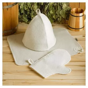 Набор банный белый 3 предмета без вышивки (Шапка, варежка, коврик) в плёнке