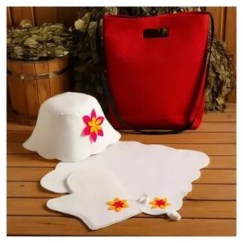 Набор банный сумка красная шапка, коврик, рукавица "Цветочек"