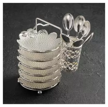 Набор блюдец «Дождь», 6 шт, с подставкой, с ложками